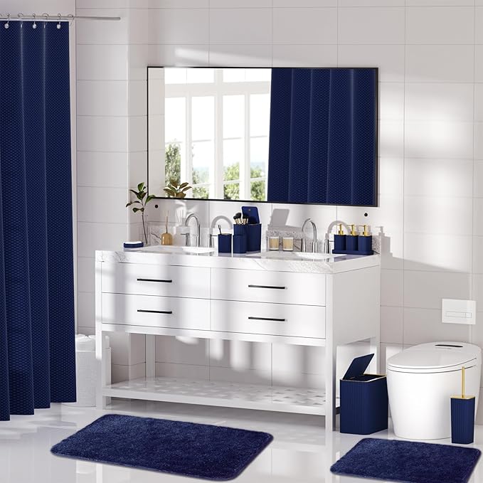 Bathroom Accessory Set - Bathroom Set, 27PC Bathroom Accessories Set, Navy Blue Bathroom Sets with Shower Curtain and Rugs, Mini Trash Can, Toilet Brush, Trash Can & Soap Dispenser