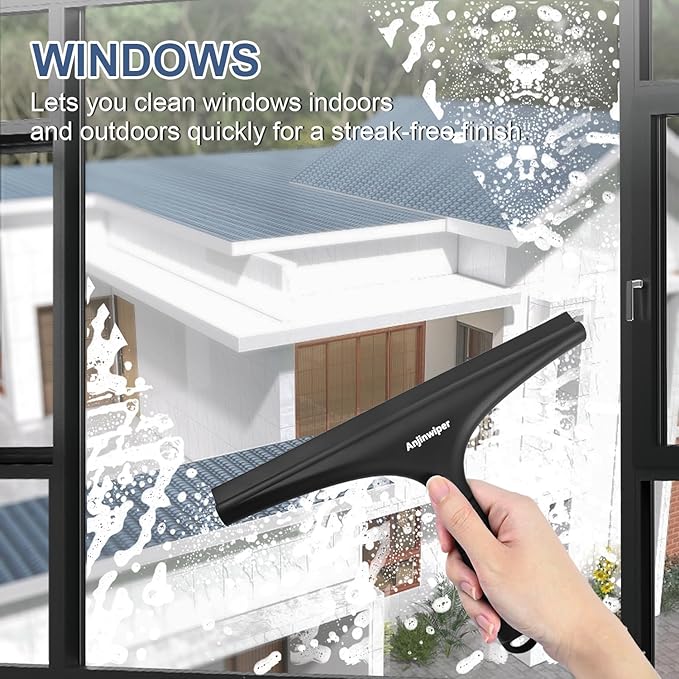 All-Purpose Shower Squeegee for Glass Doors with Hook, Silicone Squeegee for Shower Glass, Shower Doors, Windows, Bathroom, Mirrors and Tiles(10 inch, Black)