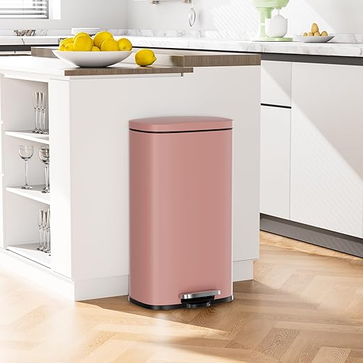 Arlopu 13.2+1.3 Gallon Step Trash Can, Stainless Steel Garbage Bin, Soft-Close Rubbish Bin with Removable Plastic Inner Bucket, Fingerprint-Proof, Lid Dustbin, for Kitchen Home (Pink)