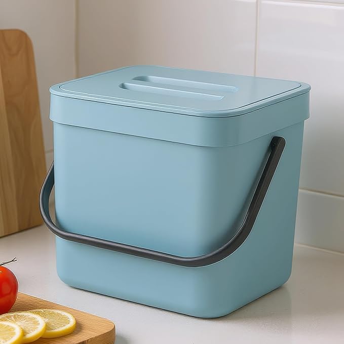 Kitchen Compost Bin - 1.8 Gallons Hanging Trash Can with Lid for Kitchen Cabinet Door, Under Sink, Wall Mounted Waste Bin for Bathroom, 7L(Subtle Blue)