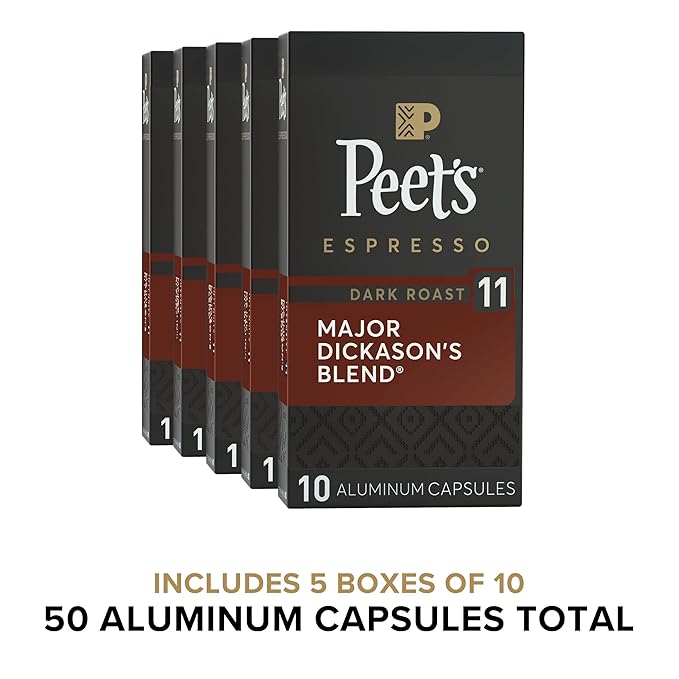 Peet's Coffee, Dark Roast Espresso Capsules, Compatible with Nespresso Original Machines - Major Dickason's Blend Intensity 11, 50 Count (5 Boxes of 10 Espresso Capsules)