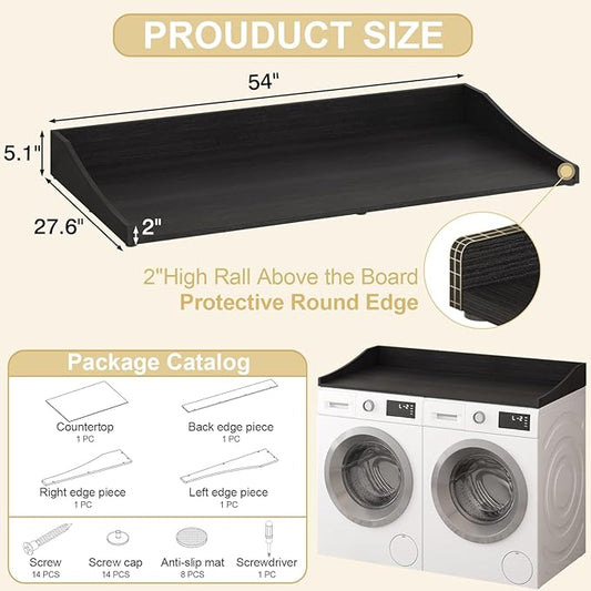 Washer and Dryer Countertop, 54'' Laundry Room Countertop Organization Laundry Table for Folding Clothes and Storage, Black