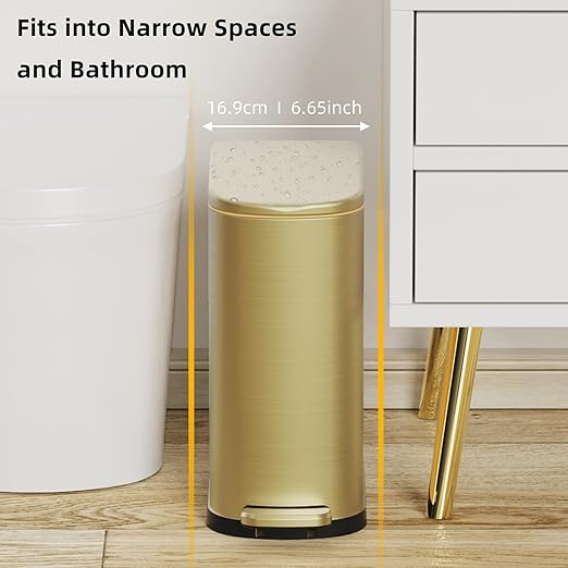 2.6 Gallon Slim Bathroom Trash Can with Soft Close Foot Pedal, 10L Stainless Steel Garbage Can with Removable Liner Bucket, for Narrow Spaces, Bedroom, Gold