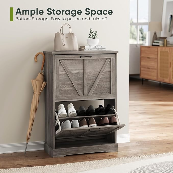 Shoe Cabinet, Shoe Storage Cabinet for Entryway with 2 Flip Drawers, Narrow Farmhouse Shoe Organizer Cabinet, Slim Shoe Rack Cabinet, Gery