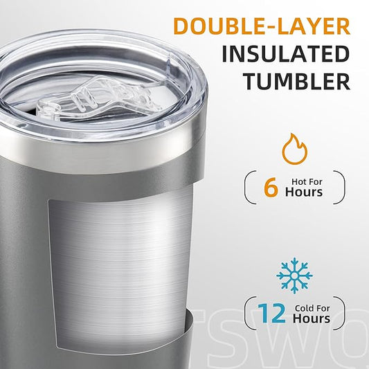 20 oz Tumbler Bulk with Lid Stainless Steel Insulated Tumblers Double Wall Vacuum Coffee Mug Powder Coated Tumbler Cups for Cold and Hot Drinks, Grey, 6 pack