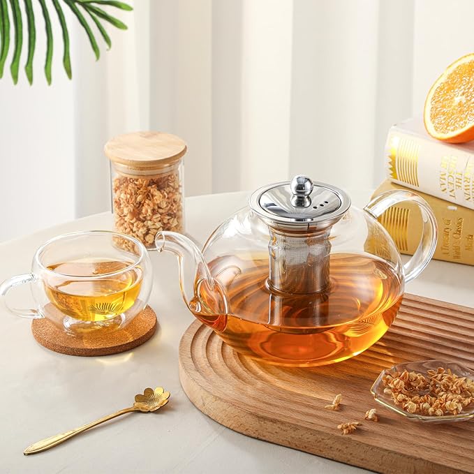 50OZ/1500ML Glass Teapot Set with 4 Double Wall Teacups & Removable Infuser, Stovetop & Microwave Safe Clear Tea Maker Water Kettle with 7OZ/200ML Tea Cups for Loose Leaf Blooming Tea