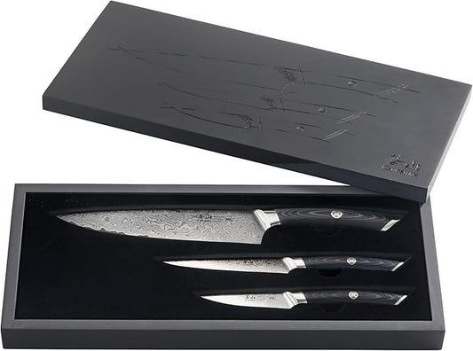 Cangshan KURO Series 3-Piece Starter Knife Set with Ash Wood Box, High Carbon X-7 Damascus Steel, 504319
