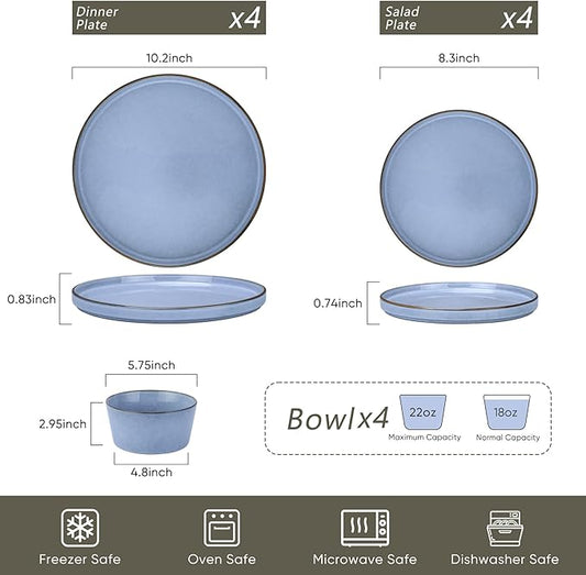 Herogo 12-Piece Stoneware Dinnerware Set for 4, Dinner Plates and Bowls Sets, Double Reactive Glaze Dishware Place Setting for Kitchen, Scratch Resistant, Microwave Safe, Haze Blue