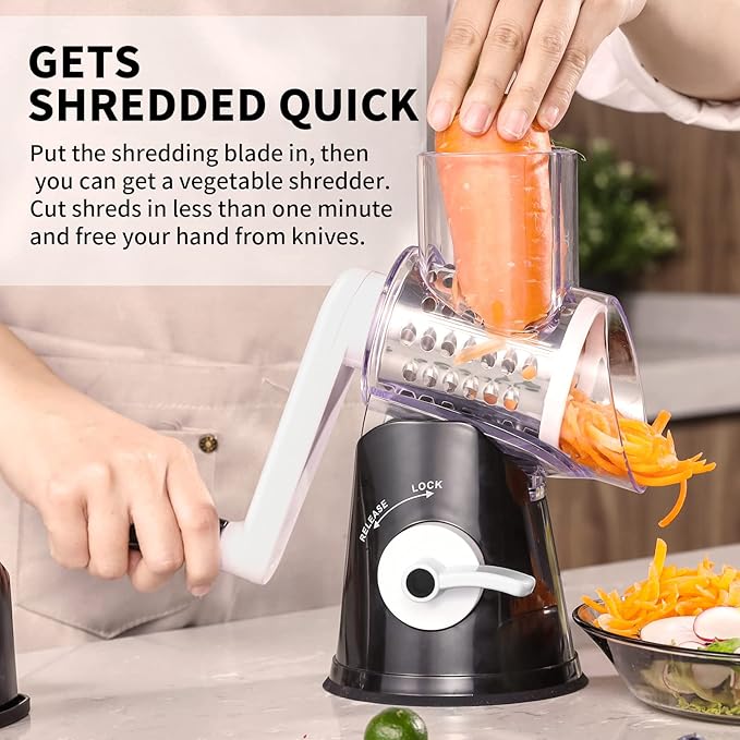 Rotary Cheese Grater, 3 in 1 Cheese Shredder Grater Rotary with Handle, Vegetable Mandoline Slicer Shredder for Vegetable, Cheese, Nut