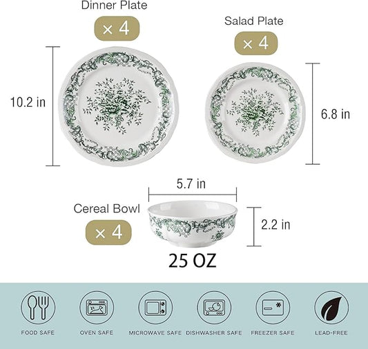 Ceramic Dinnerware Set 12Piece Ornate Edge Dish Set for 4 Vintage Green Floral Elegant ChipResistant Kitchen Plates Bowls for Daily Use & Party Microwave & Dishwasher Safe(Green)