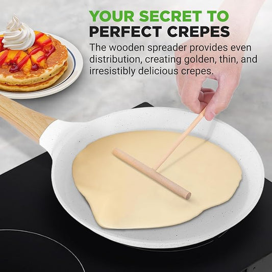 NutriChef 9.45β Non-Stick Crepe Pan with Wooden Spreader, Durable Marble Coated Dosa Pan, Bakelite Handle and Induction Bottom, PFOA/PFOS Free, Dishwasher Safe, Even Heat Distribution (White Cream)