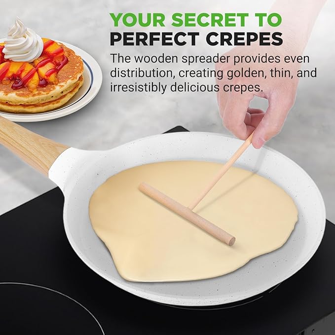 NutriChef 9.45” Non-Stick Crepe Pan with Wooden Spreader, Durable Marble Coated Dosa Pan, Bakelite Handle and Induction Bottom, PFOA/PFOS Free, Dishwasher Safe, Even Heat Distribution (White Cream)