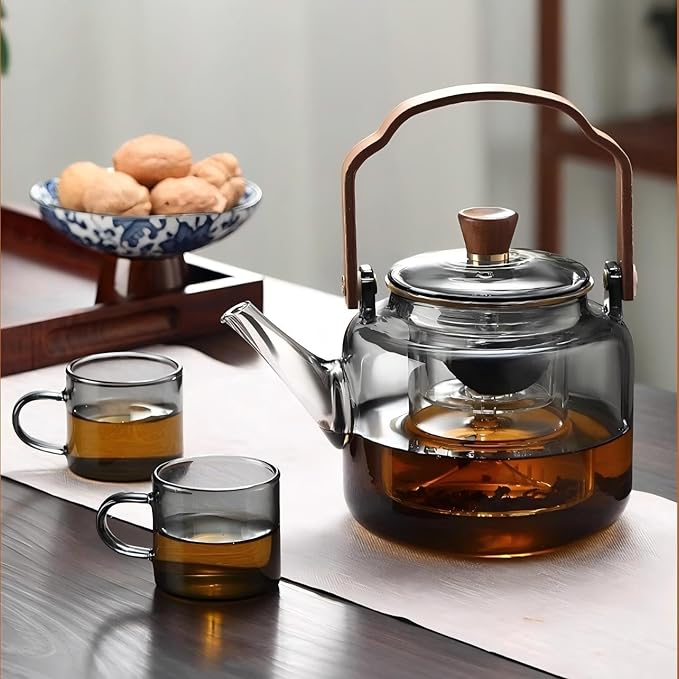 Tea Pot with Infuser for Loose Leaf Tea, Glass Teapot Stovetop, Heat Resistant Borosilicate Tea Kettle, Clear, 34oz/1000ml Capacity, Tea Strainer