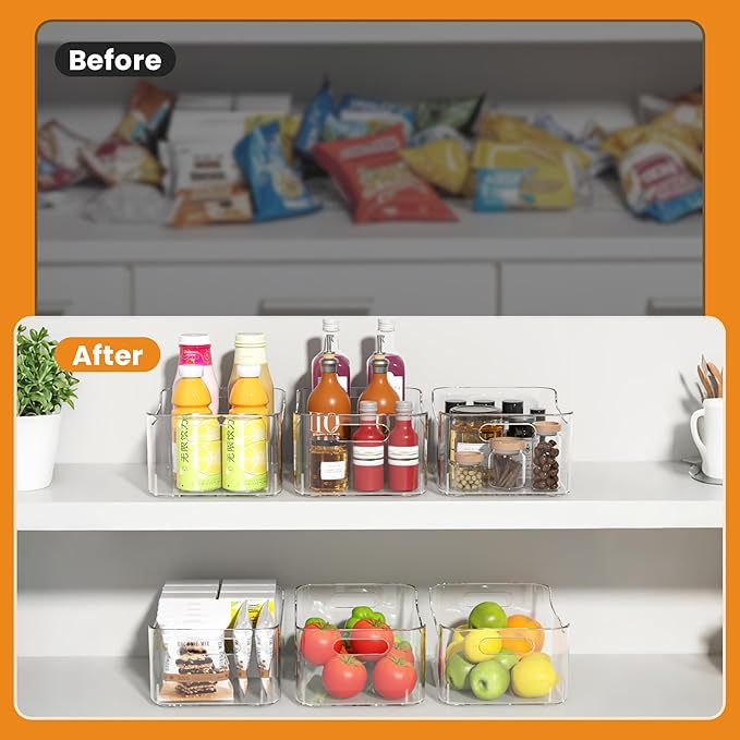 Clear Plastic Storage Bins-Pantry Organizers & Storage Containers-Refrigerator Organizer Bins with Handle - Home Organization Must Haves for Kitchen (Clear 2 Pack-Large)