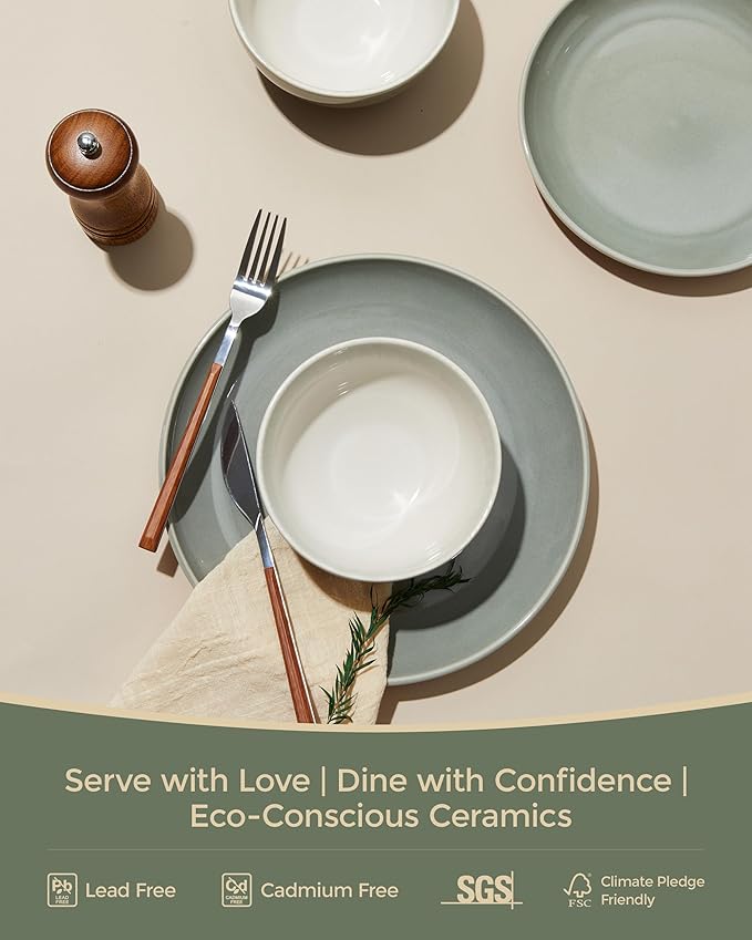 Stoneware Dinnerware Sets for 6, Microwave Safe Plate and Bowl Set, Easy to Clean & Durable Dishes Sets for Small to Medium Families, Gray Green