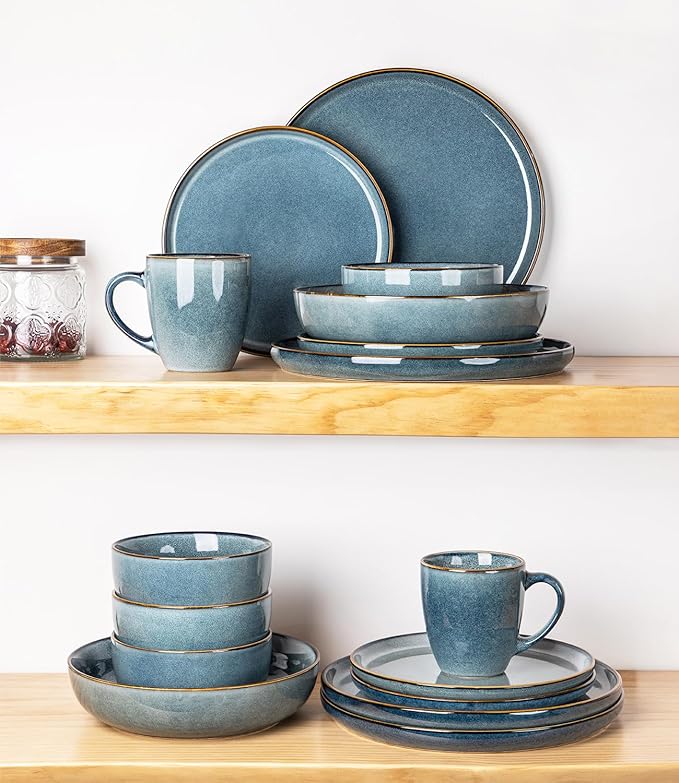 GBHOME Ceramic Dinnerware Sets for 8, 24 Pieces Stoneware Plates and Bowls Sets, Scratch Resistant Dishes, Dishwasher & Microwave Safe, Reactive Glaze-Space Blue