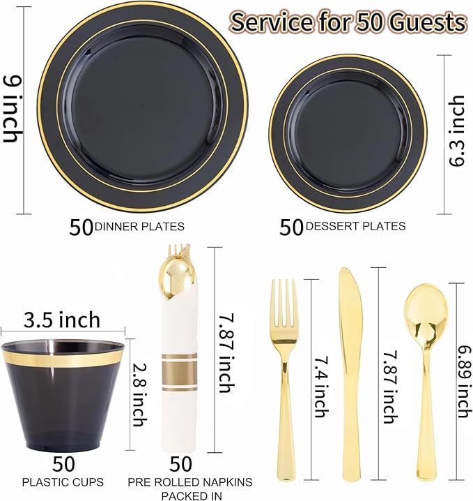 350 Pieces Black and Gold Plastic Plates with Disposable Silverware, Include 50 Dinner Plates 9”, 50 Dessert Plates 6.3”, 50 Black Cups 9 OZ, 50 Pre Rolled Napkins for New Year