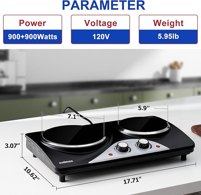 Hot Plate, CUSIMAX Electric Stove 1800W Double Burner, Portable Ceramic Infrared Cooktop, Dual Control Burners for Cooking, Heat-Up in Seconds, Compatible for All Cookwares, Black