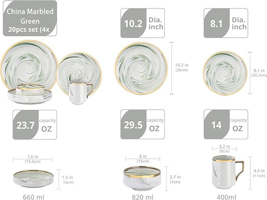 20 Piece Plates and Bowls Sets, Fine China Artisan Marbled Dinner Set for 4, Dishwahser Safe, Scratch Resistant, Green with Gold Line