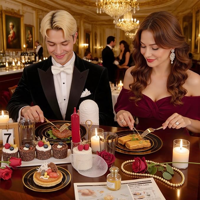 Supernal 800PCS Black and Gold Disposable Dinnerware Set Include 100 Dinner Plates&100 Dessert Plates,100 Knives,200Forks,100Spoons,100Cups,100Napkins for Party&Birthday