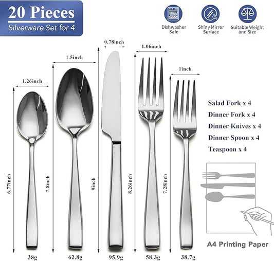 20 Piece Silverware Set for 4, EIUBUIE Premium Stainless Steel Cutlery Set, Mirror Polished Flatware Sets Heavy Duty and Solid, Modern Kitchen Eating Utensils Sets Include Spoons Forks Knives