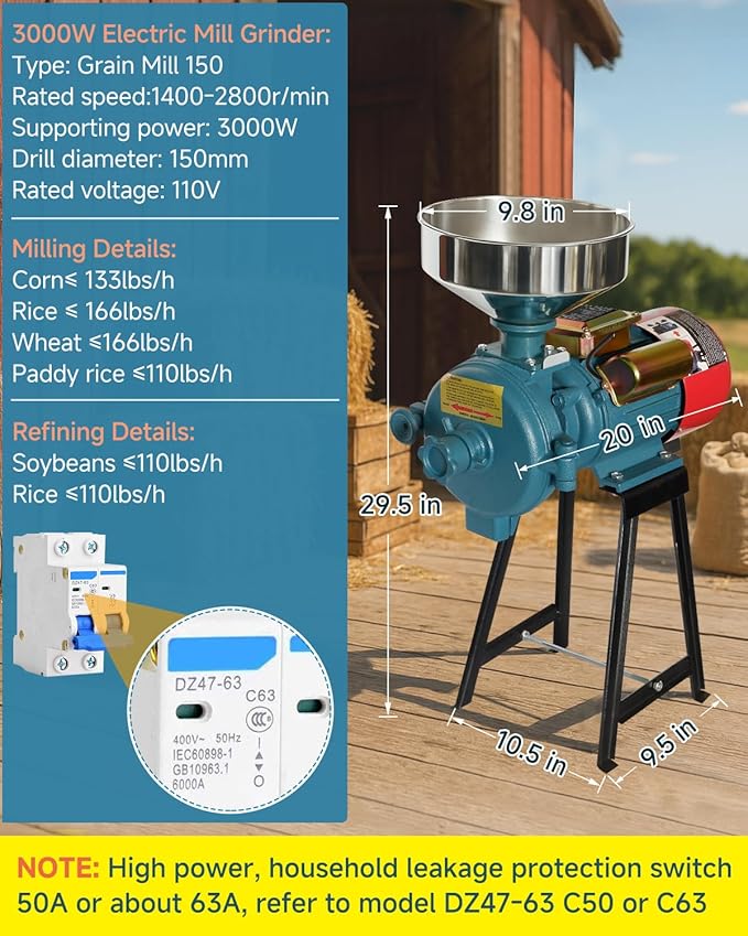 NAIZEA NAIZEA Electric Grain Mill Grinder Corn Grinder, 3000W 110V Commercial Flour Mill Machine with Funnel, Feed Grinders for Corn, Wheat, Rice, Cereals,Molino de Maiz Electrico (Dry Grinders)