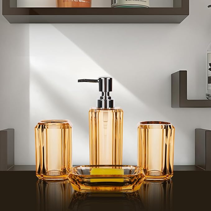 4 Piece Premium Acrylic Bathroom Accessory Set, Hand Sanitizer Bottle, Lotion Can Bathroom Suit, Separate Bottle Soap Box, Mouthwash Cup, Toothbrush Cup (Champagne Gold)