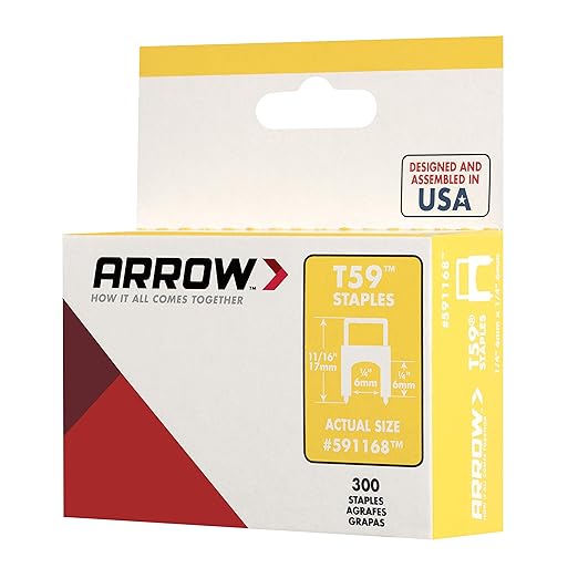 Arrow 591168 Genuine T59 Steel 1/4-Inch by 1/4 Crown Width Insulated Staples for Cable and Wiring, Clear, 300 Count
