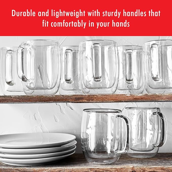 ZWILLING Sorrento Plus 4-pc Double Wall Glass Coffee Mugs, Insulated Coffee Mug, Clear