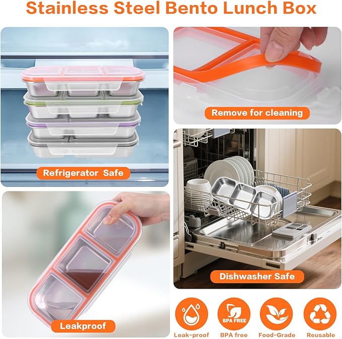 4 Pack Stainless Steel Snack Containers with Lids, 3-Compartments Reusable Lunch Box for Adults, Food Storage Containers Divided Meal Prep Box for Home, Work, Travel