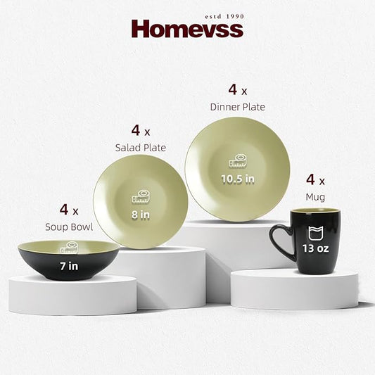 Stoneware Two-Tone Colors Life 16pc Dinner Set,Outside Shiny Black + Inside Matte Glaze Olive