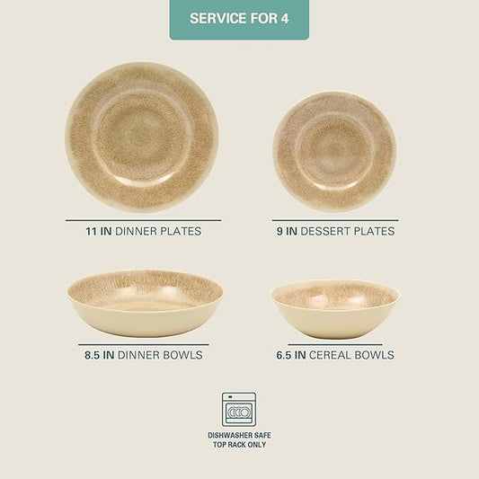 Gibson Home Casper Court 16-Piece Melamine Dinnerware Set β Beige Reactive Glaze Look Plates and Bowls, Service for 4 β Top Rack Dishwasher Safe Everyday Dining Set