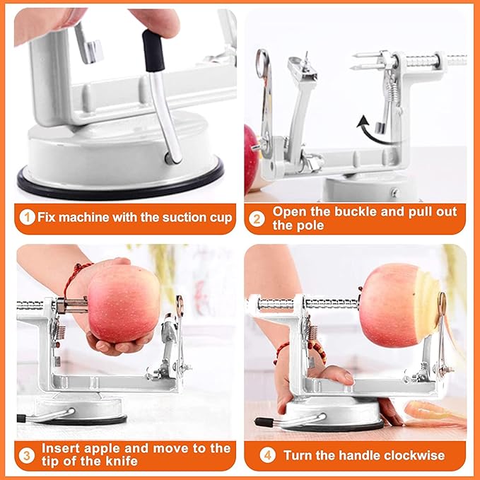 Apple Peeler Corer, Long lasting Chrome Cast Magnesium Alloy Apple Peeler Slicer Corer with Stainless Steel Blades and Powerful Suction Base for Apples and Potatoes(White)