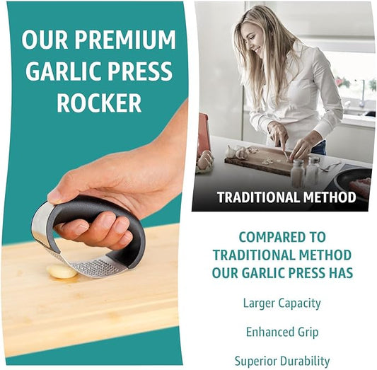 Garlic press rocker, crusher, mincer tool stainless steel with a Garlic Peeler, spatula, and Brush extract more Garlic Paste. The Garlic Mincer Tool Squeezes, Extracts, Crushes