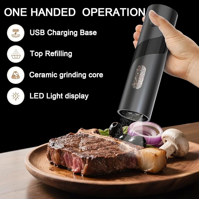 Electric Salt and Pepper Grinder Set with Charging Base,Matte Automatic Pepper Grinder Set Top-Refill, Flexible Coarsenes, 110ml Larger Capacity with LED Light for Home Kitchen (2 pack)
