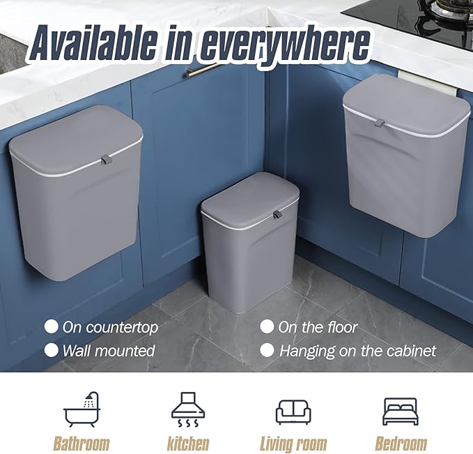 Domiella 2.4 Gallon Hanging Trash Can with Lid, Kitchen Compost Bin for Countertop or Under Sink, Mountable Food Waste Bin with Sealed Lid for Cabinet, Cupboard, Bathroom, or RV (Gray)