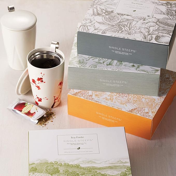 Tea Forte Herbal Tea Assortment Single Steeps Loose Leaf Premium Tea Gift Set Sampler, 28 Count, 2 of Each Assorted Blends Pre-Portioned Single Serve Pouches, Steeps 12 oz