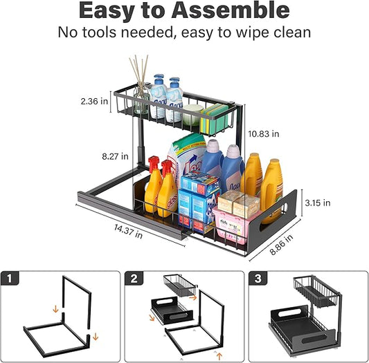 Under Sink Organizer, 2 Tier Pull Out Cabinet Organizer,Slide out Metal Cabinet Organizers Multi-Purpose Drawer Shelf for Kitchen Bathroom Pantry Cabinet Closet Organization Rack,Black
