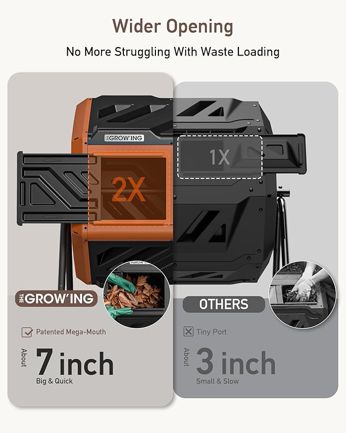 THEGROW'ING Updated 43 Gallon Compost Bin Outdoor, Fast Assemble Tumbling Composter, Dual Chamber Composter Tumbler, Rotating Compost Bin for Outside, Backyard, Garden and Yard, Orange