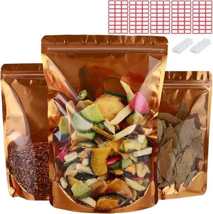 150-pack 7” x 10” 1 Quart Stand Up Mylar Bags with Clear Window Resealable Foil Pouches for Food Storage Smell Proof Edible Packaging Zip Bag for Jewelry and Small Business Bulk, Golden