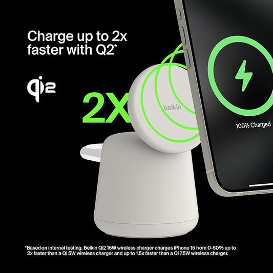Belkin 2-in-1 Qi2 Wireless Charging Dock 15W Fast Charge iPhone Charger Compatible with iPhone 17, 16, 15, 14, and 13 Series, AirPods, and Other Qi2 Enabled Devices, Includes Power Supply - Sand