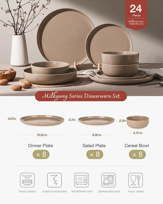 Famiware Milkyway Dinnerware Sets, 24 Piece Dish Set, Plates and Bowls Sets for 8, Cinnamon Brown