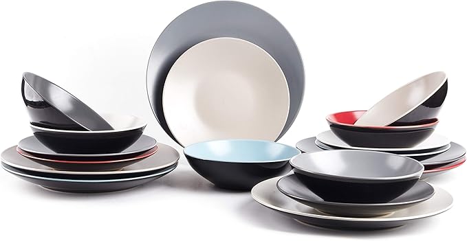 Colors Life 18pc Dinner Set,Very Cool - 6 Assorted Colors Cool Beige, Cool Grey, Light Grey, Frost Red,Turquoise and White