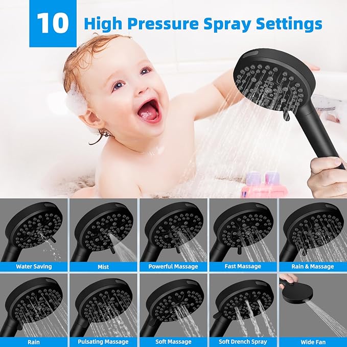 Hibbent All Metal 10'' Dual Filtered Rainfall Shower Head Combo, High Pressure Handheld Shower Head with 16'' Adjustable Extension Arm, 20 Stage Shower Filter, 10-spray, 71'' Shower Hose, Matte Black
