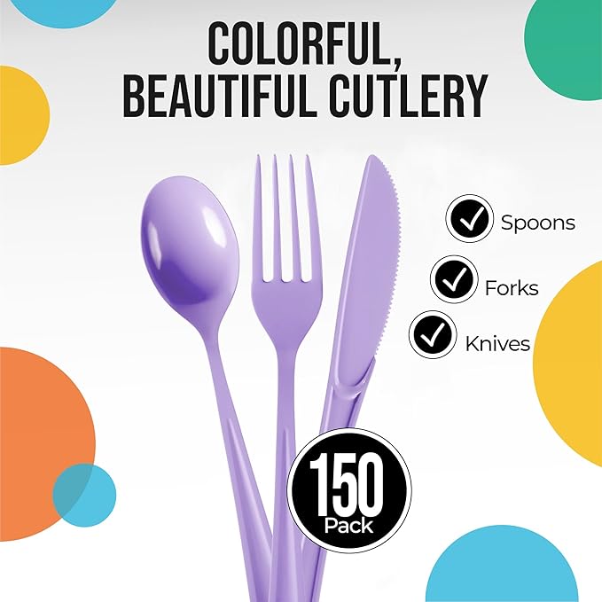 Party Solids Lavender Plastic Silverware Heavy Duty 150 Pieces Lavender Disposable Silverware Heavy Duty, Utensil Sets, 50 Of Each Forks, Knives & Spoons Disposable Cutlery Set For Party Supplies