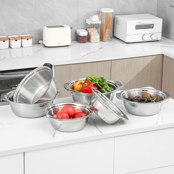 304 Stainless Steel Microporous Colander with Handle, Rice Washers Microporous Strainer Set For washing vegetables, fruits and rice, and draining cooked pasta(5QT with handle-Gold)