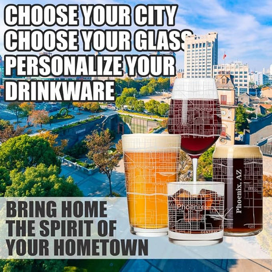 Blue Ridge Mountain Gifts - Phoenix Souvenir - Arizona Glassware Gift, Etched City Map, Laser Engraved and Dishwasher Safe
