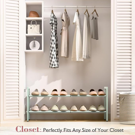 Bumusty 2-Tier Expandable Shoe Rack for Closet, 18“-33” Adjustable Shoe Rack for Small Space, Small Shoe Organizer for Front Door, Sturdy Metal, Green