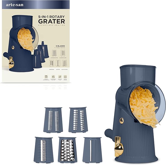 Artesan Rotary Cheese Grater with 5-Blades, Versatile Slicer for Fruits, Vegetables, Cheese - Multifunctional Chopper, Slicer, Grater, Julienne, Dishwasher Safe & Stable, Easy & Safe Meal Prep, Navy