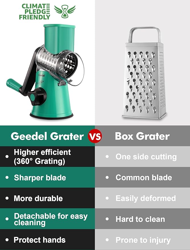 Geedel Rotary Cheese Grater with 3 Interchangeable Blades, Kitchen Mandoline Vegetable Slicer for Fruit, Nuts , Easy to Clean